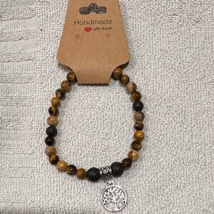 Handmade Brown Tiger Eye & Lava Bead Bracelet with Tree of Life Charm